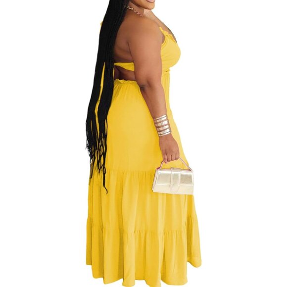 Womens Plus Size Maxi Dress Oversized Smocked Tiered Ruffle Flowing Sleeveless - Picture 3 of 6